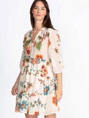 🐻 Johnny Was Ekru Ardell Tiered Henley Dress M